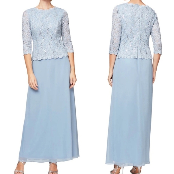 ALEX EVENINGS Long Gown Sequin Lace Bodice & Chifon Skirt, 8P - Picture 1 of 16